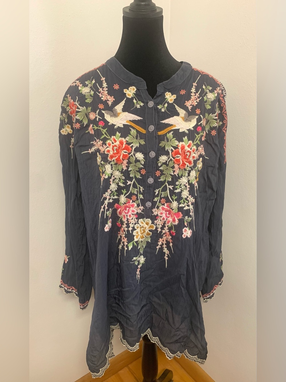 Johnny Was Navy Embroidered Floral & Bird Tunic